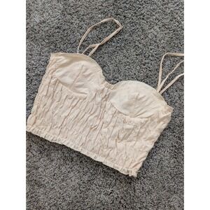 Zara Women's Beige Gingham Smocked Cropped Camisole Top Size XS